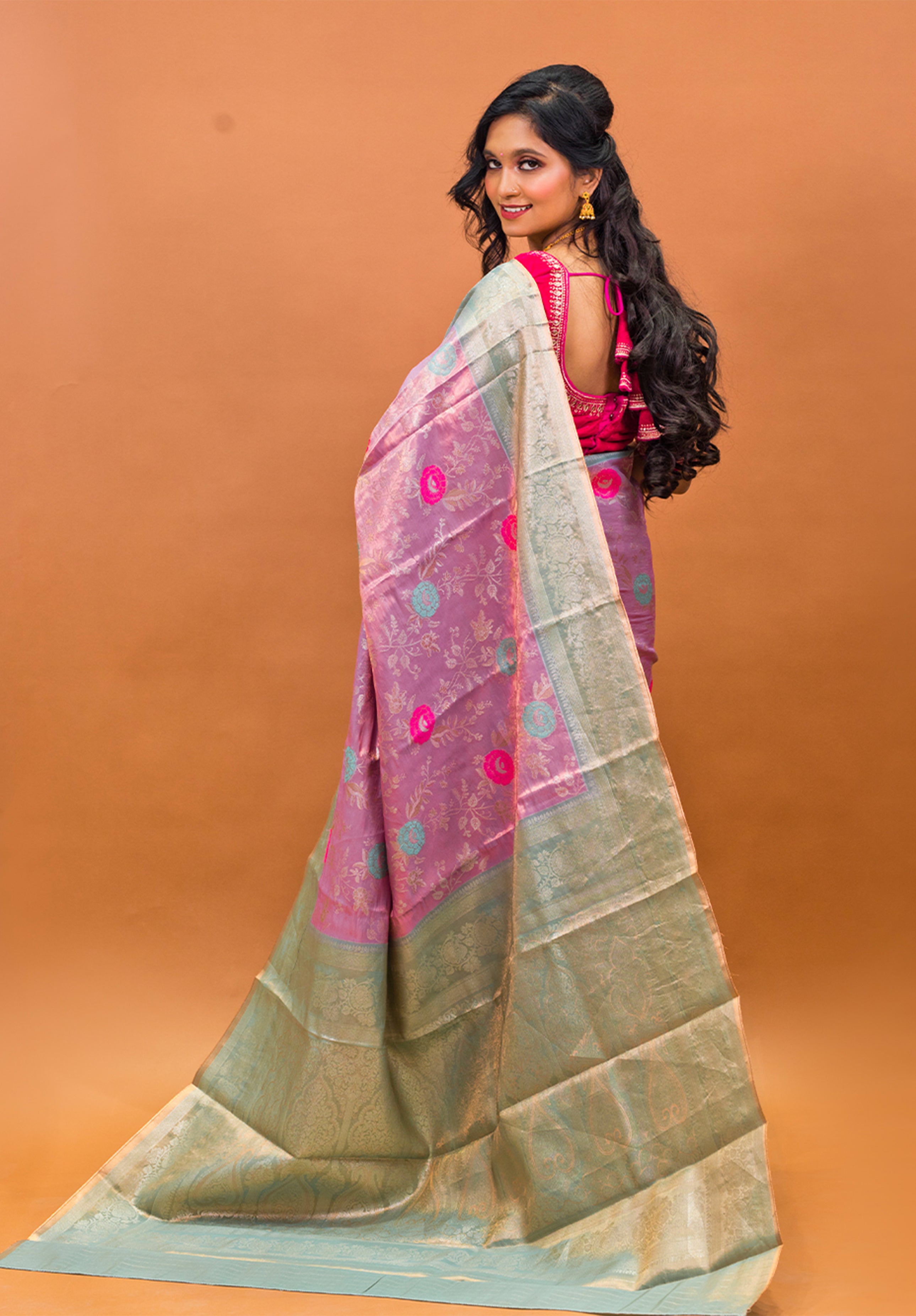 Pure Tissue Kanjivaram Silk Saree With Blouse Piece- Light peach