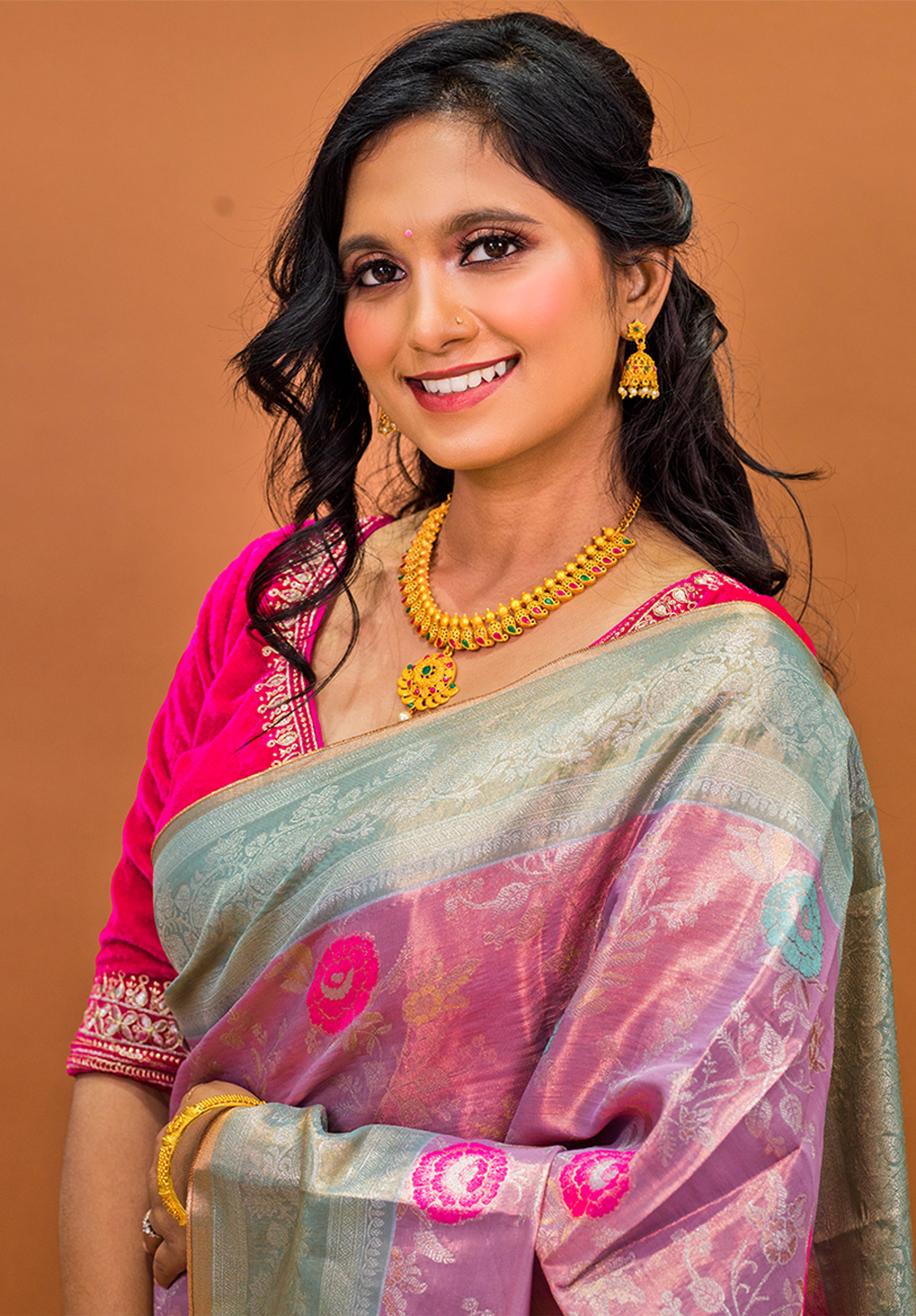 Pure Tissue Kanjivaram Silk Saree With Blouse Piece- Light peach