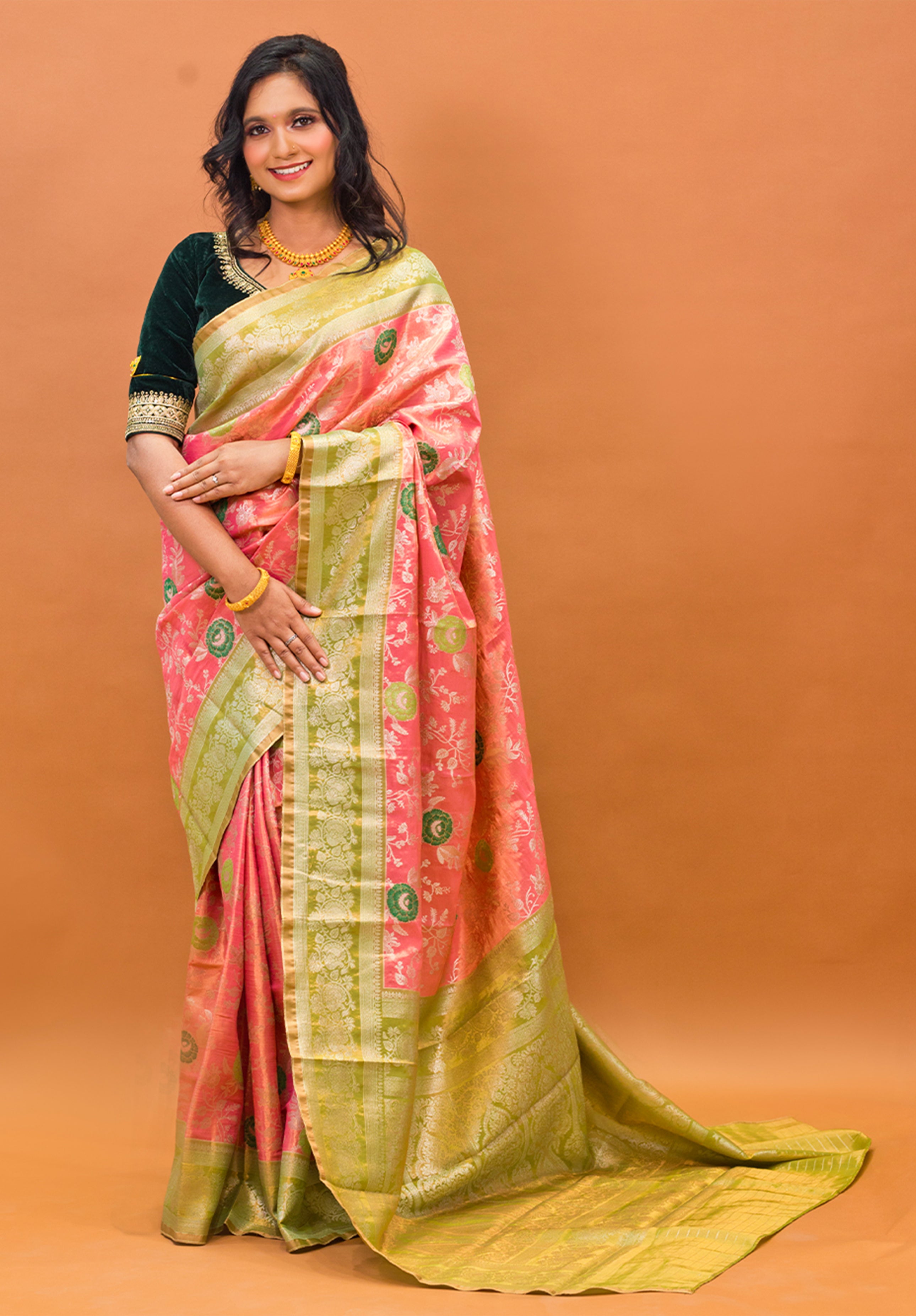 Pure Tissue Kanjivaram Silk Saree With Blouse Piece- Peach