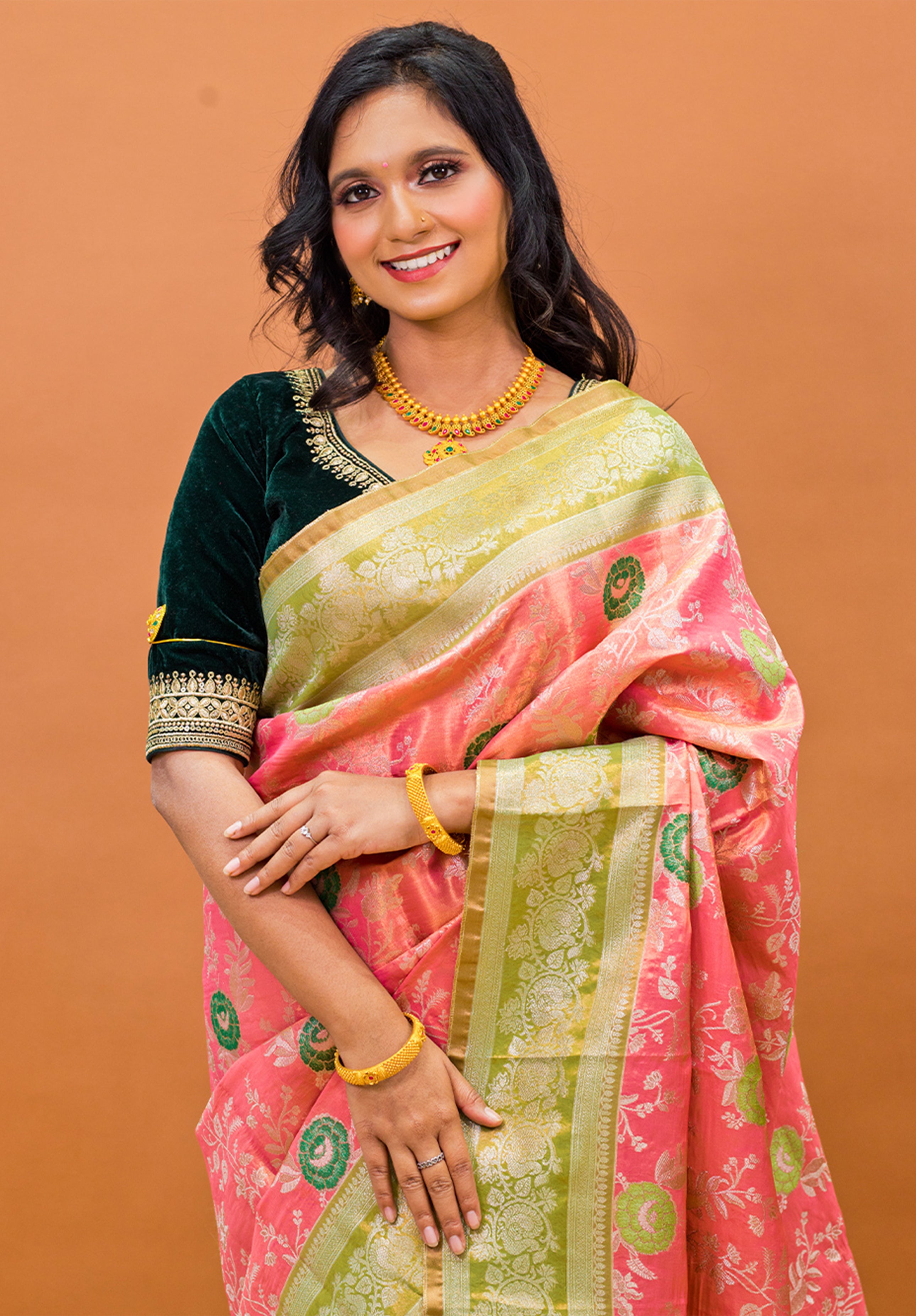 Pure Tissue Kanjivaram Silk Saree With Blouse Piece- Peach