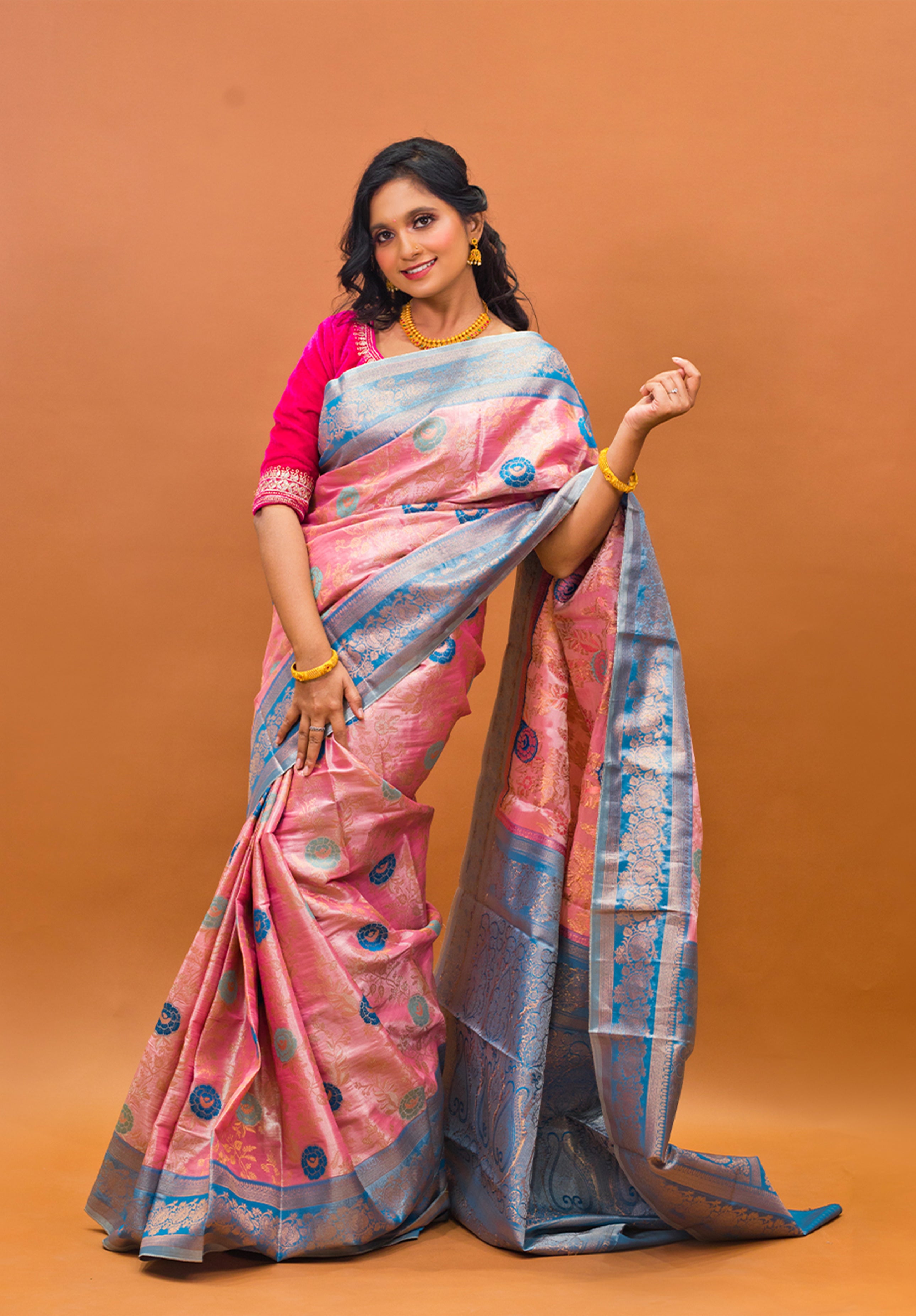 Pure Tissue Kanjivaram Silk Saree With Blouse Piece- Peach