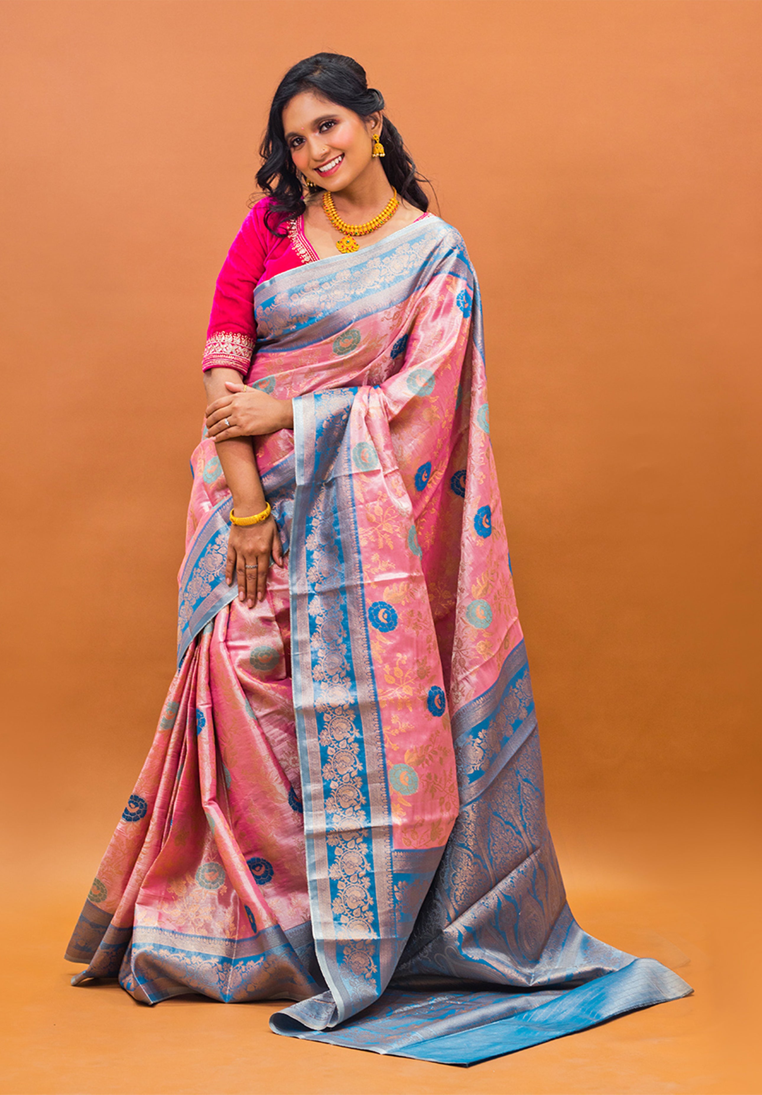 Pure Tissue Kanjivaram Silk Saree With Blouse Piece- Peach