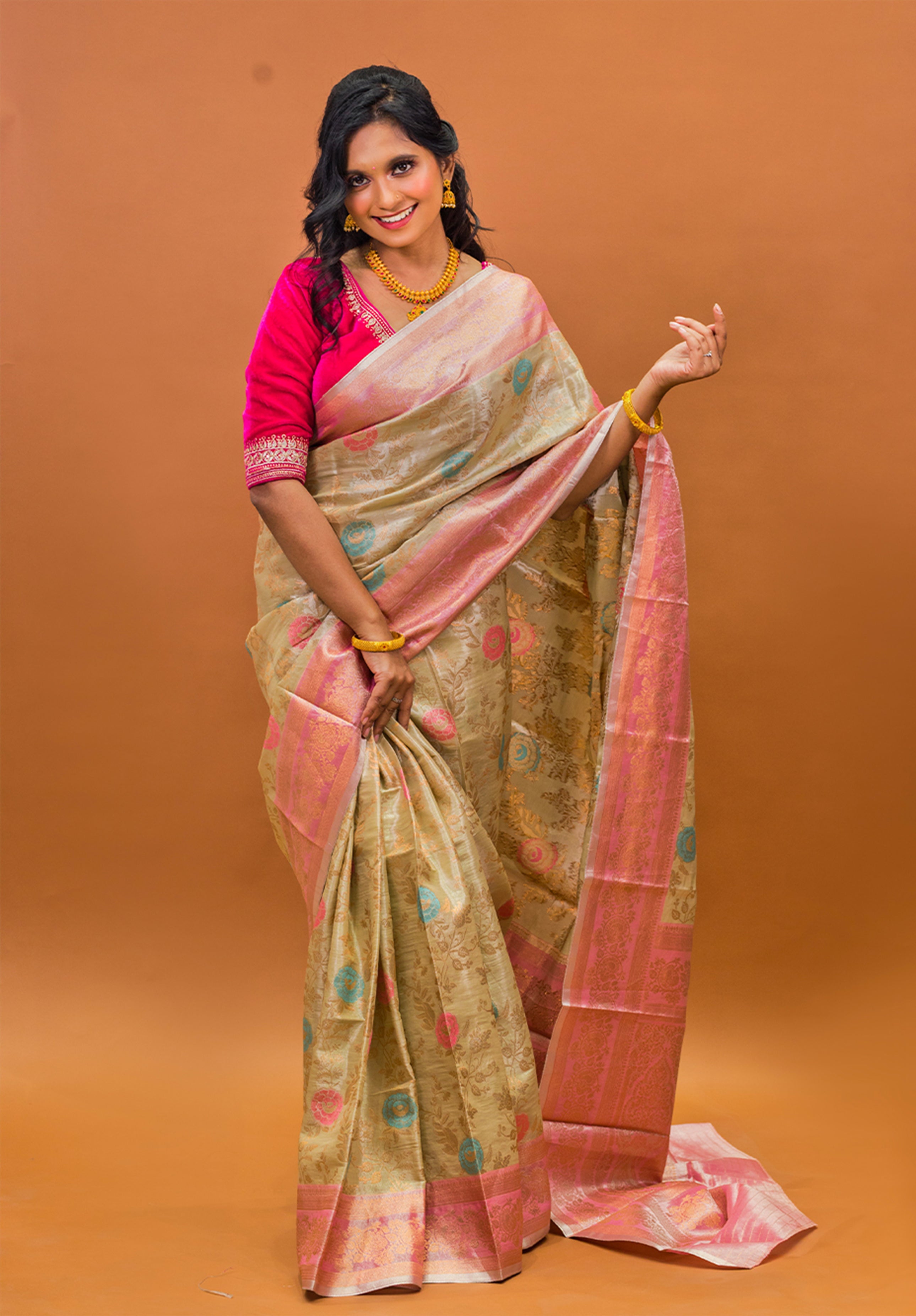 Pure Tissue Kanjivaram Silk Saree With Blouse Piece- Cream