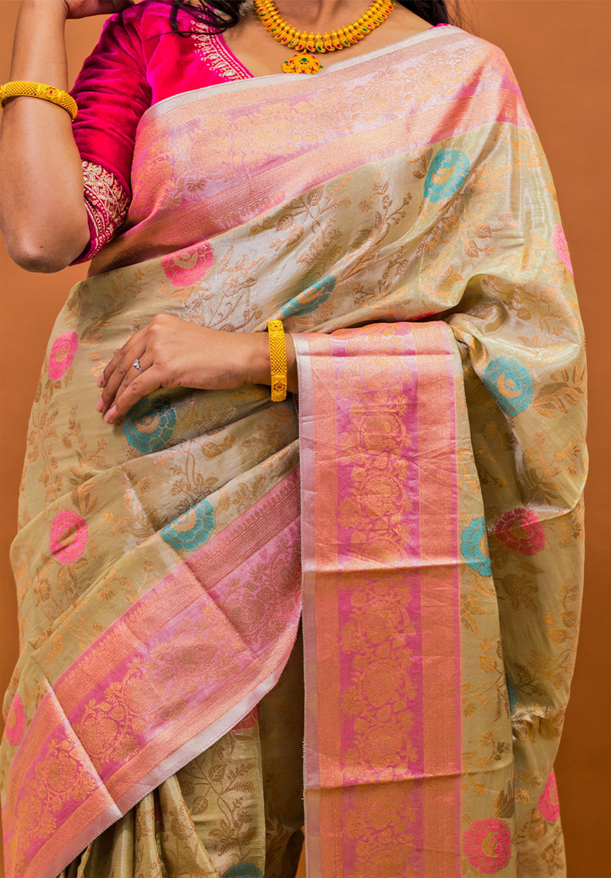 Pure Tissue Kanjivaram Silk Saree With Blouse Piece- Cream