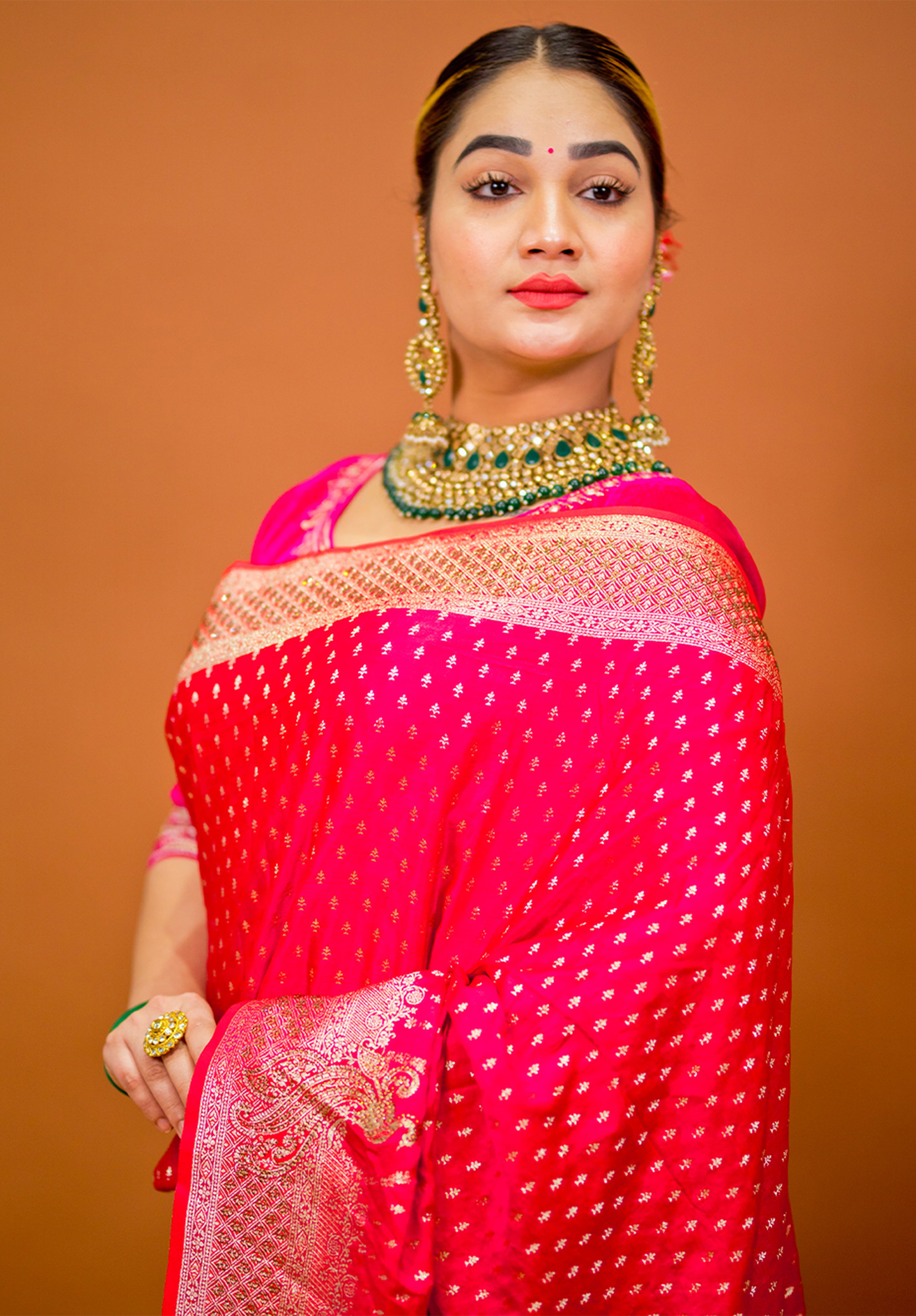 Women’s Woven Banarasi Designer Saree With Blouse Piece- Rani pink