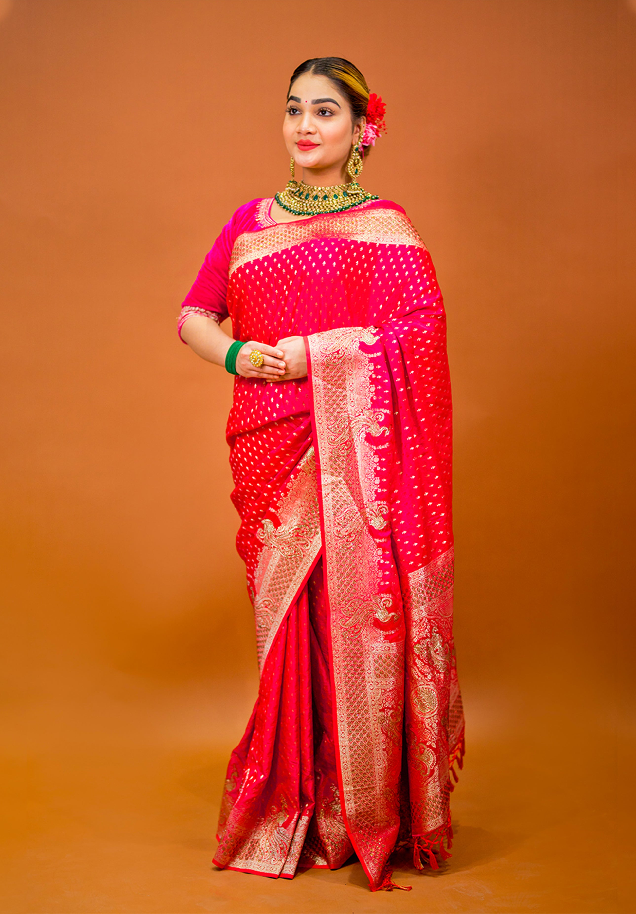 Women’s Woven Banarasi Designer Saree With Blouse Piece- Rani pink
