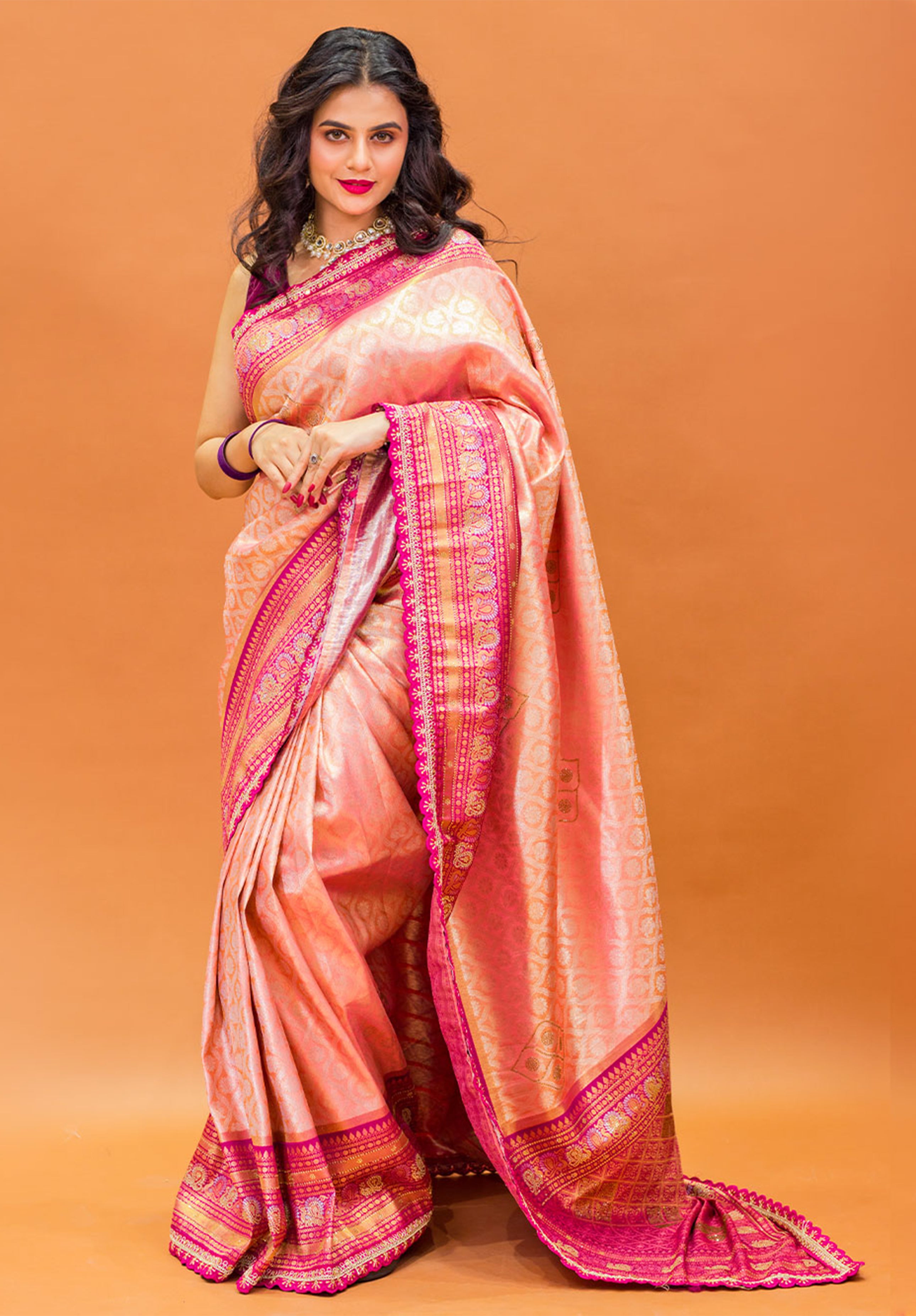 Women’s Woven Design Kanjivaram Brocade Saree With Blouse Piece- Peach