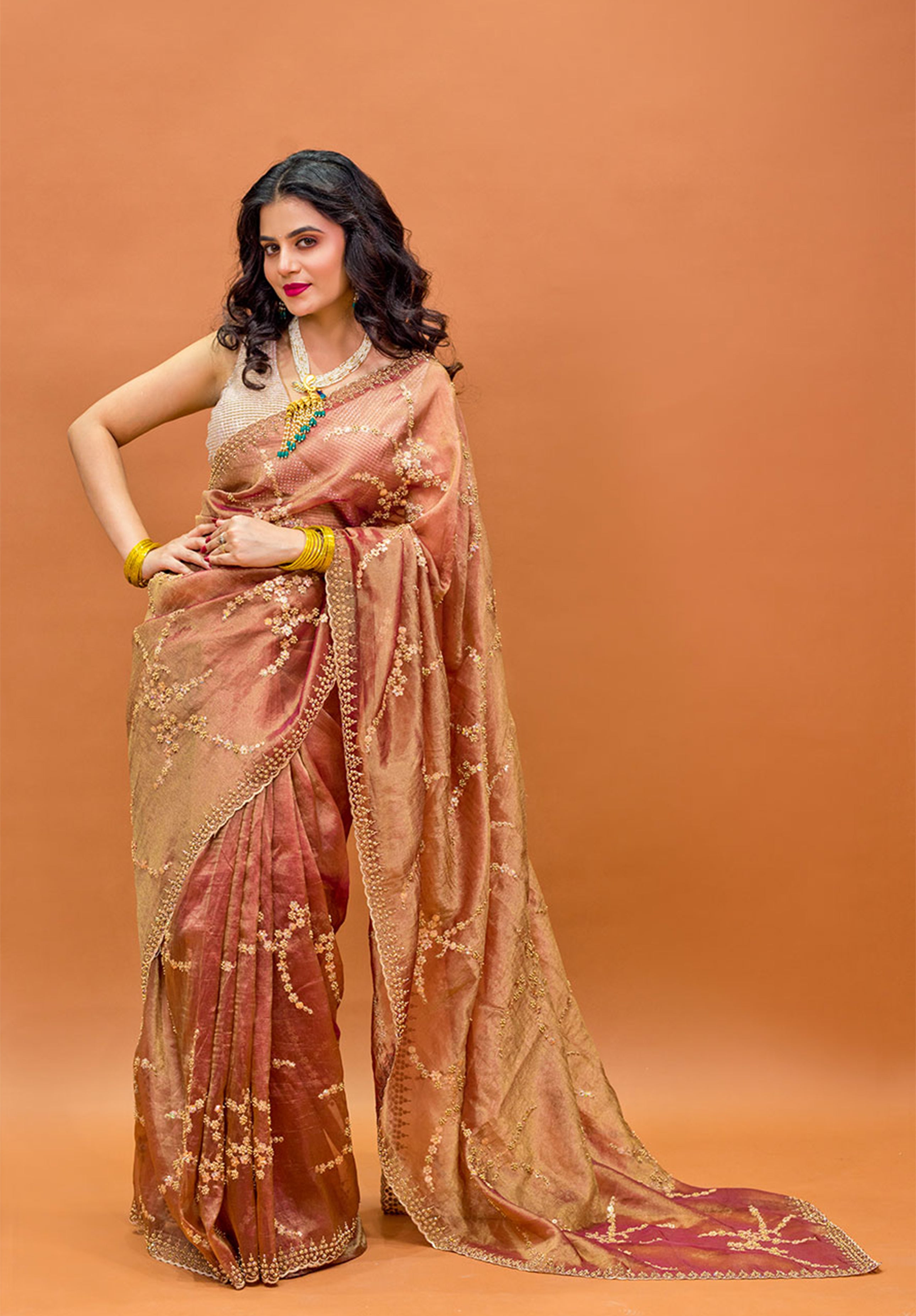 Women’s Woven Design Pure Organza Saree With Blouse Piece- Brown