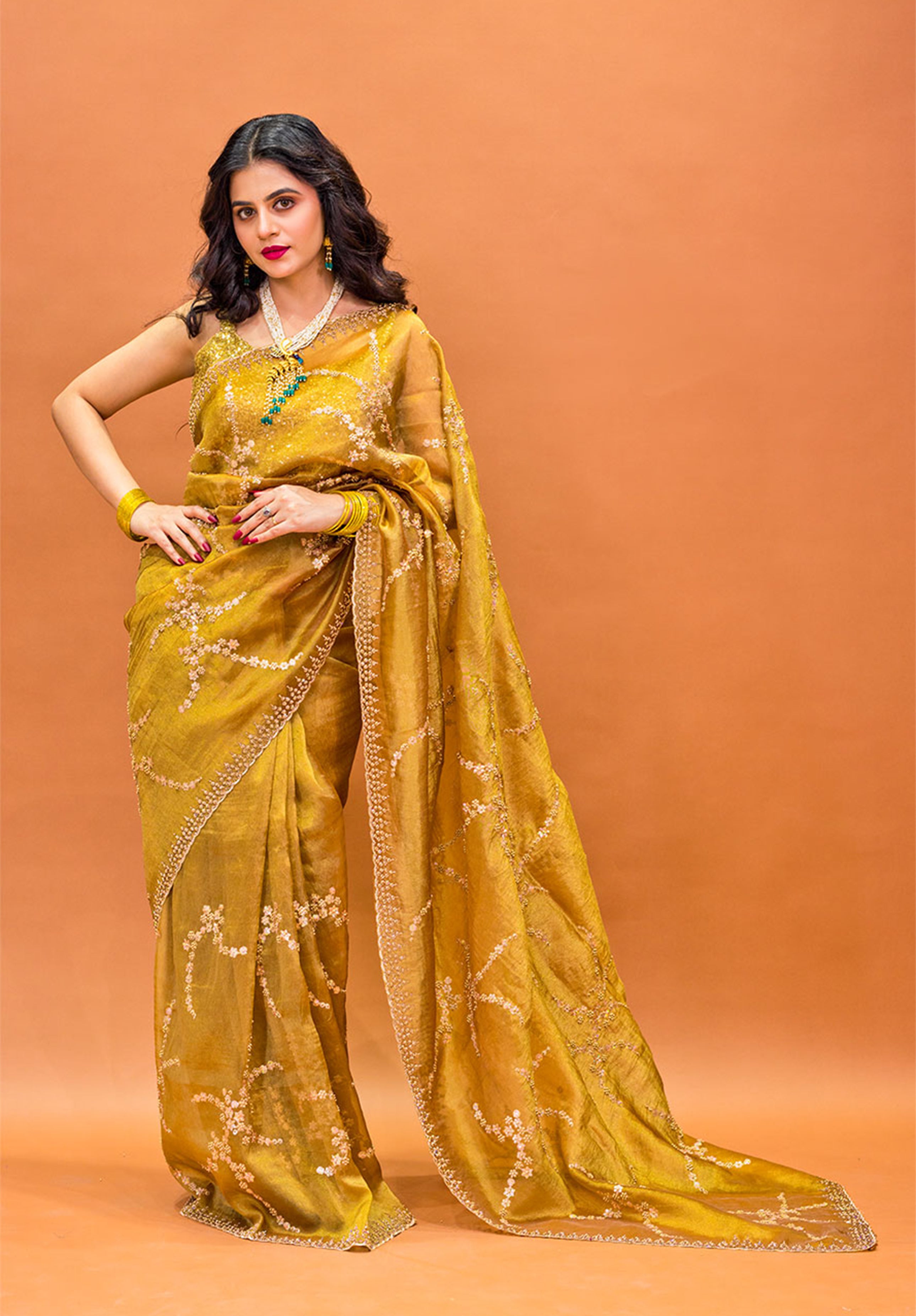 Women’s Woven Design Pure Organza Saree With Blouse Piece- Lemon Yellow