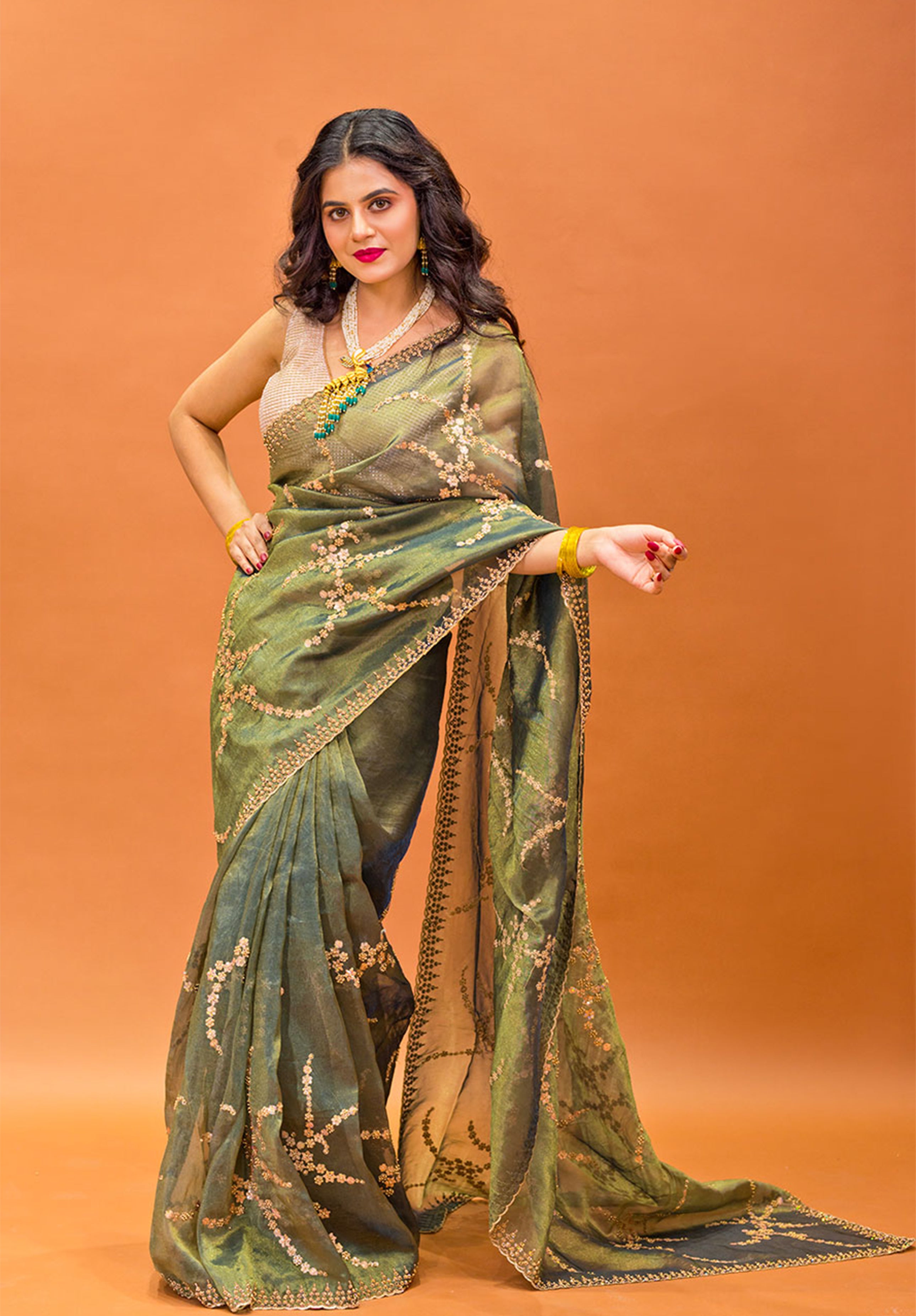 Women’s Woven Design Pure Organza Saree With Blouse Piece- Green